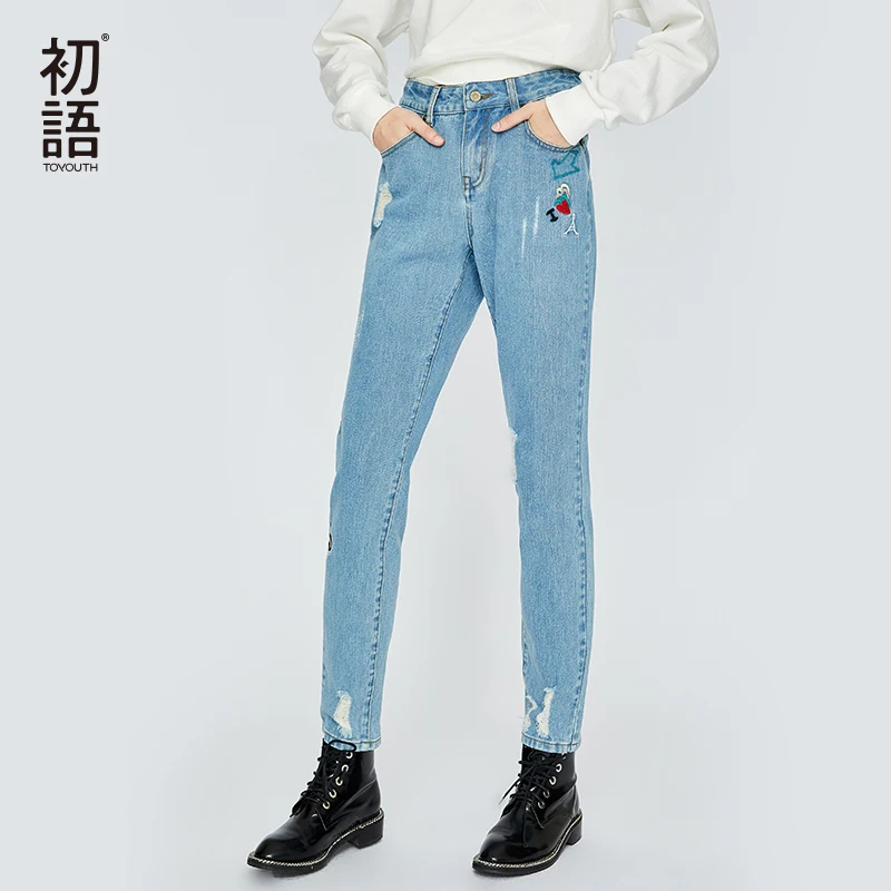Koop Toyouth Vrouwen Denim Jeans Borduren Rechte Broek Mujer Gescheurd Broek Casual Streetwear Boyfriend Jean Dames Broek 2018