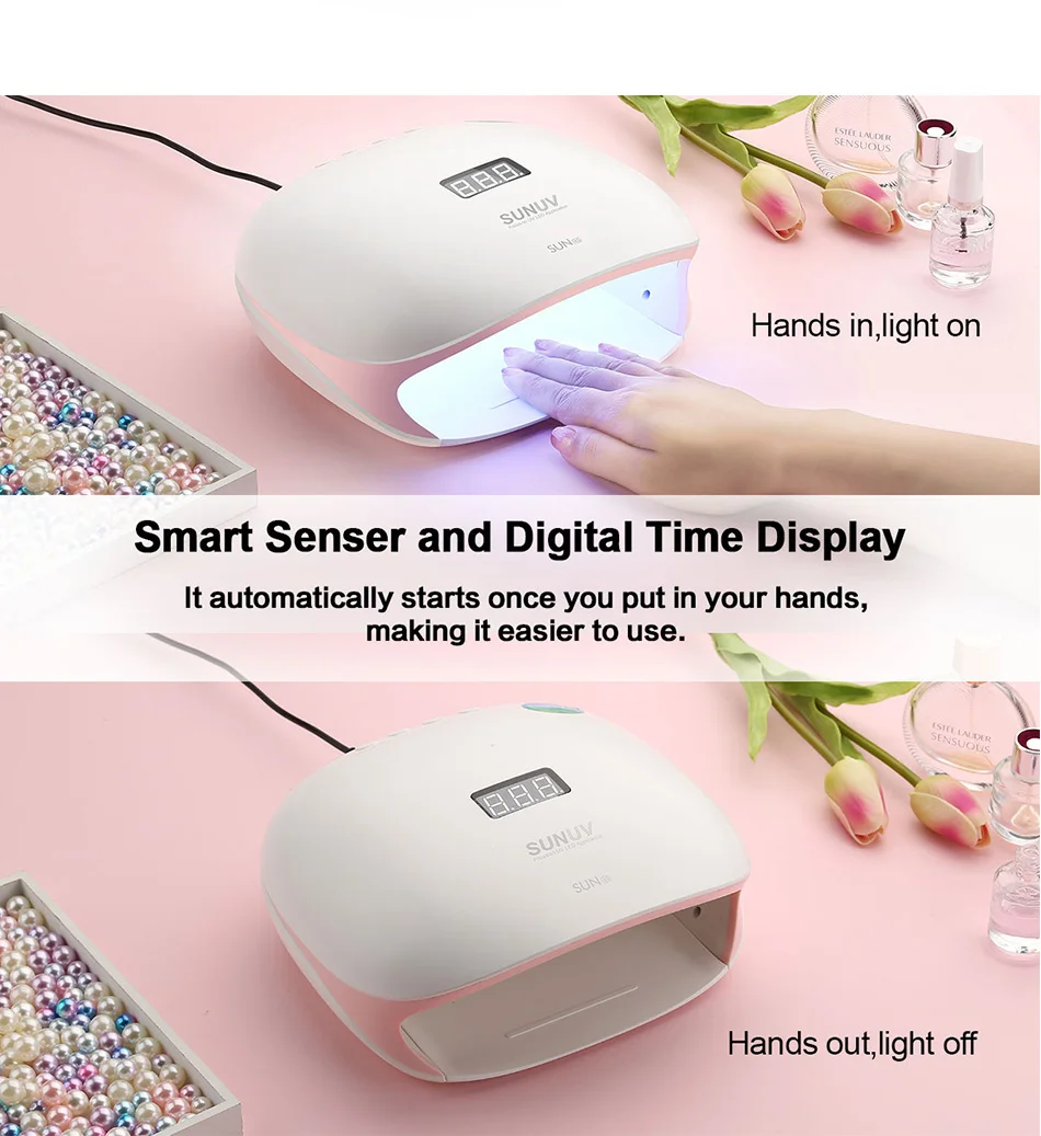 Secador de Unhas Híbrida para Unhas Polonês com Sensor Arte do Unha Sunuv Led Lâmpada Gel Inteligente Display Lcd Manicure Salão Rosa Sun4s 48 w uv 3 Sunuv sun4s 48 w uv led secador