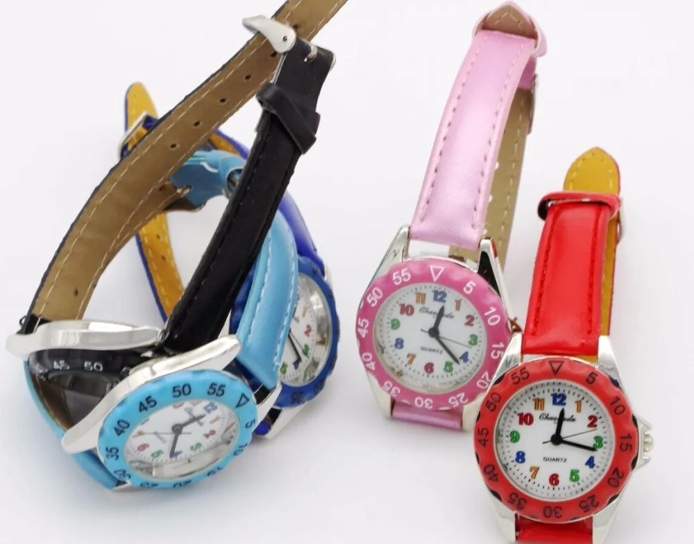 CYD милые кварцевые часы для мальчиков и девочек, детские часы с кожаным ремешком, часы для студентов, наручные часы, подарки, красочные часы с циферблатом