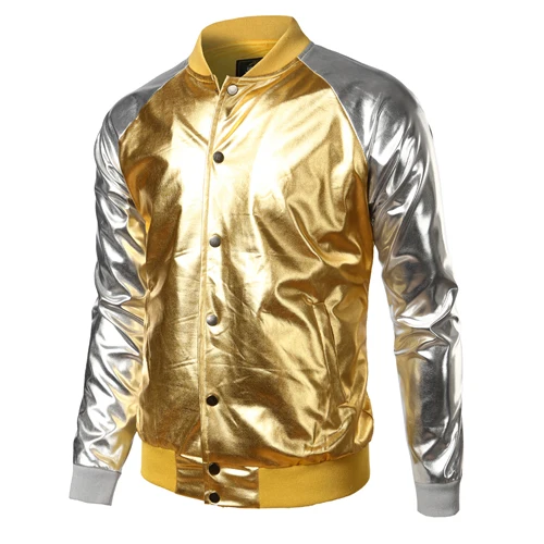 2017 Fashion Mens Jacket Metallic Gold Shiny Jacket Men Veste Homme Button up