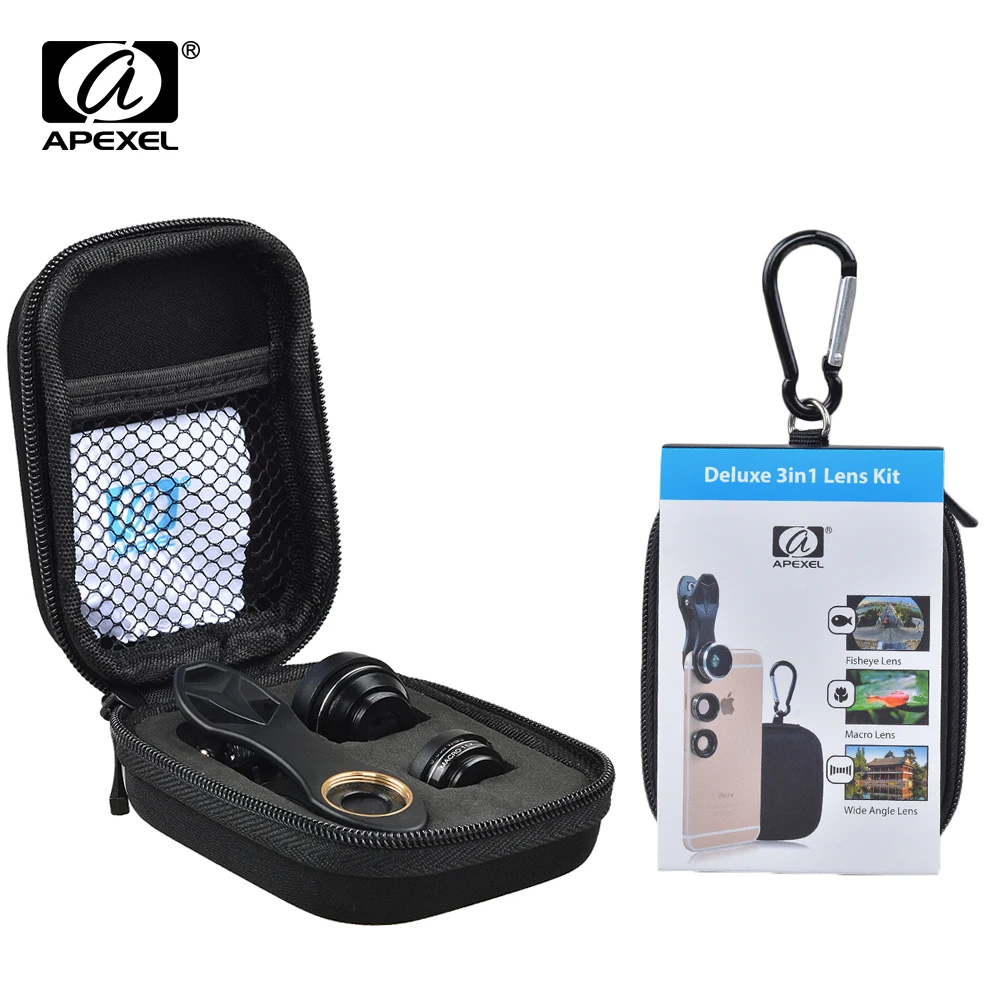 APEXEL fisheye 3in1 объектив камеры Kit 198 Fisheye + 0.63x Широкий формат и 15X макрообъектив для iPhone
