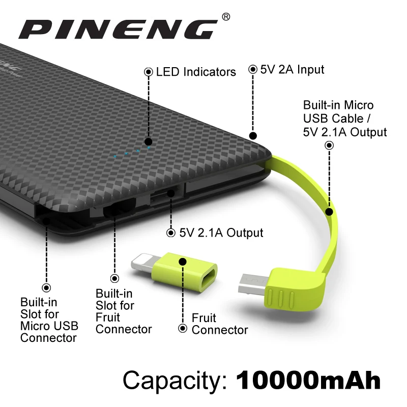 Original Pineng Power Bank 10000mAh External Battery Pn-951 Portable Mobile Fast Charger Dual USB for iPhone Samsung LG Xiaomi