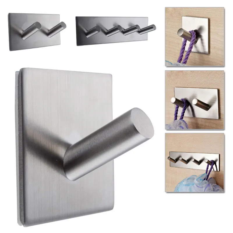 

304 Stainless Steel Self Adhesive Hook Key Rack Bathroom Kitchen Towel Hanger Wall Mount XH8Z