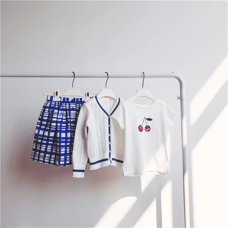 

Spring&Summer Cherry Pattern Printed Baby Girls White Shirt Top+Cardigan+Skirt Kids Clothing Set for Girls Cherry Brand Clothes