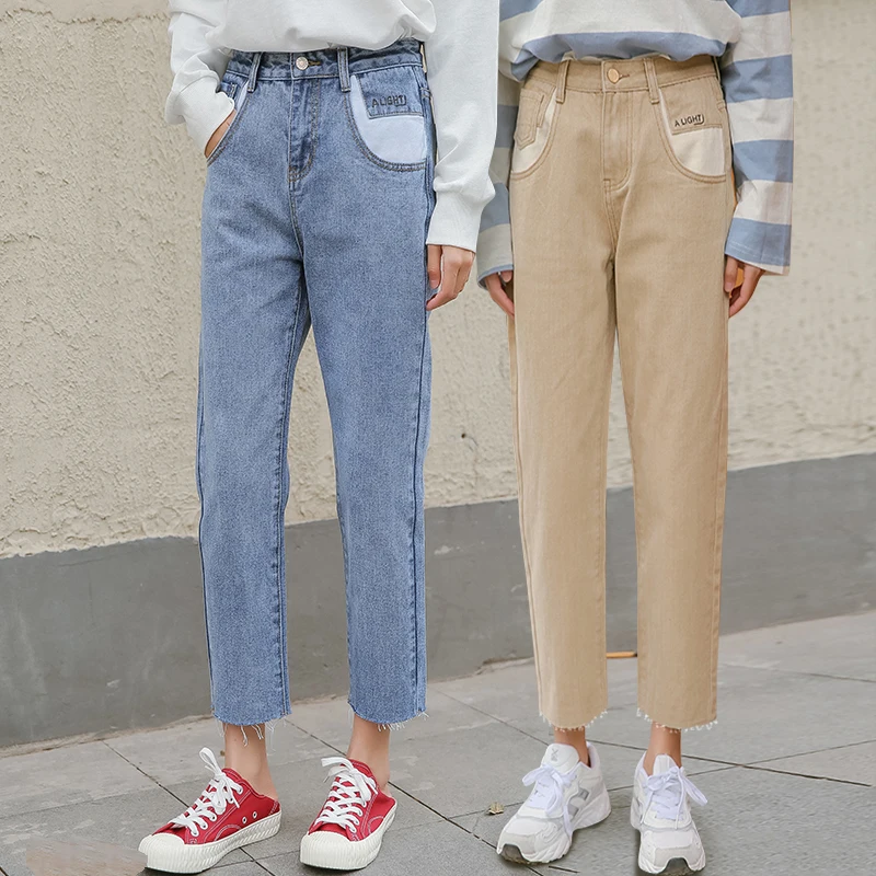 

2019 New High Waist Patchwork Cropped Jeans Women's Spring Summer Casual Straight Jeans Denim Spring Autumn