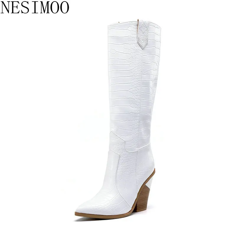 

NESIMOO 2019 Women Knee High Boots PU leather Pointed Toe High Heel Slip On All Match Simple Basic Fashion Boots Size 34-43