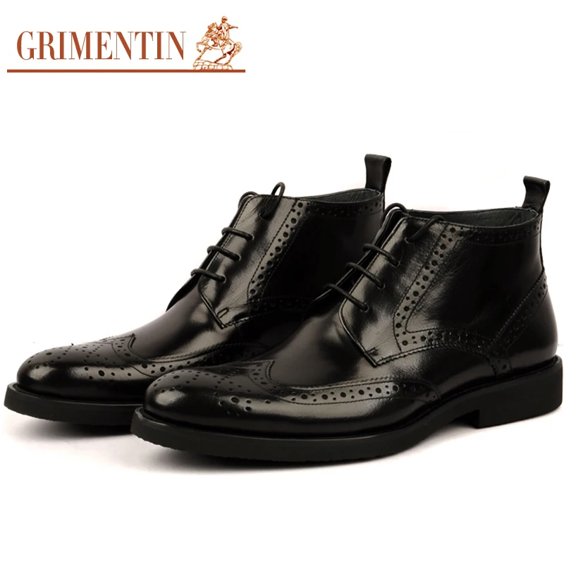 

GRIMENTIN Men Boots Genuine Leather Italian Vintage Wingtip Carved Round Toe Lace Up Dress Booties bo998