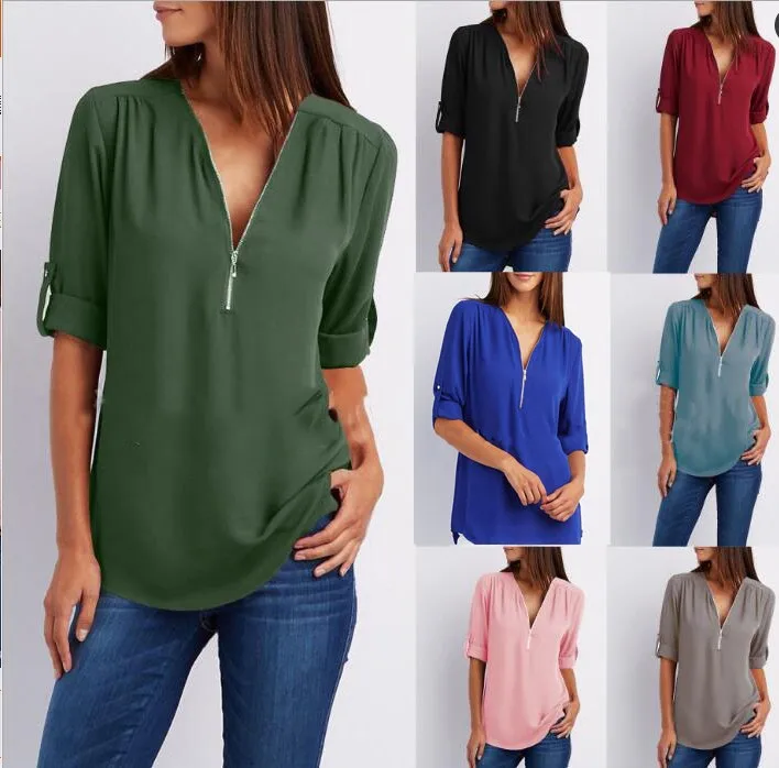 

Summer Blouse Women Tops Fashion Casual Long Sleeved Loose Zipper Deep V Neck Shirt Bluzki Damskie Blusas Mujer De Moda 2019