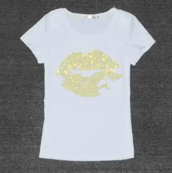 Женская летняя футболка с коротким рукавом, женская модная Сексуальная футболка с кристаллами в виде губ, мягкая хлопковая женская футболка с круглым вырезом - Цвет: White yellow crystal