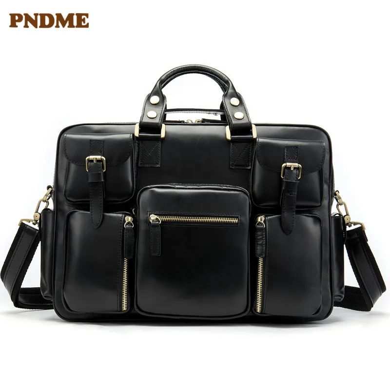 PNDME бизнес Первый слой воловья кожа мужской портфель большой емкости натуральная кожа офисная сумка для компьютера дорожная сумка для