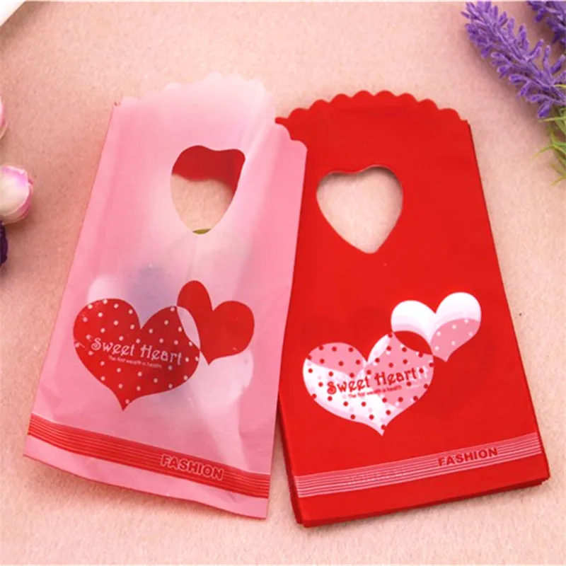 Дизайн распродажа 50 шт./лот 9*15 см маленькие красные свадебные конфеты упаковка двойное сладкое сердце пластиковые мини подарочные пакеты