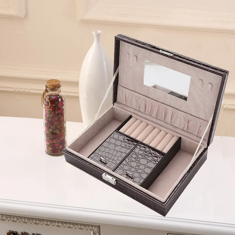 

JULY'S SONG Jewelry Organizers Crocodile Pattern Eco-Friendly PU Leather Earring Mirrored Jewelry Storage Box for Women Girls