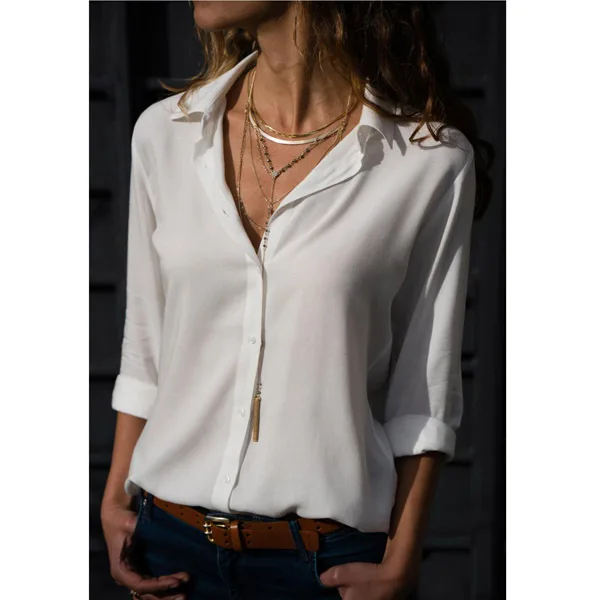 Женские топы, блузки, элегантные с длинным рукавом, одноцветные с v-образным вырезом, шифоновая блузка, Женская рабочая одежда, рубашки размера плюс, блузка, женская блуза - Color: White
