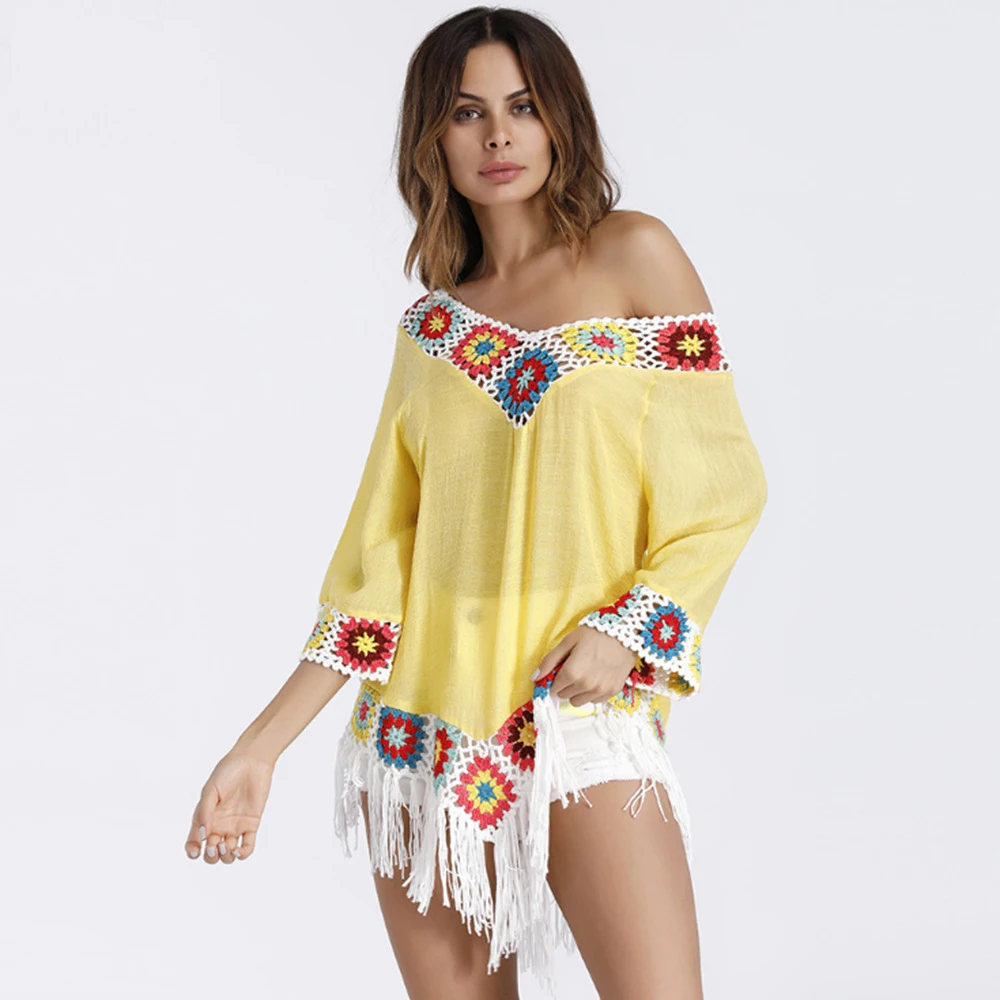 Boho Top Women Floral Print Bohemian Shirt Summer Long Vintage Tassel