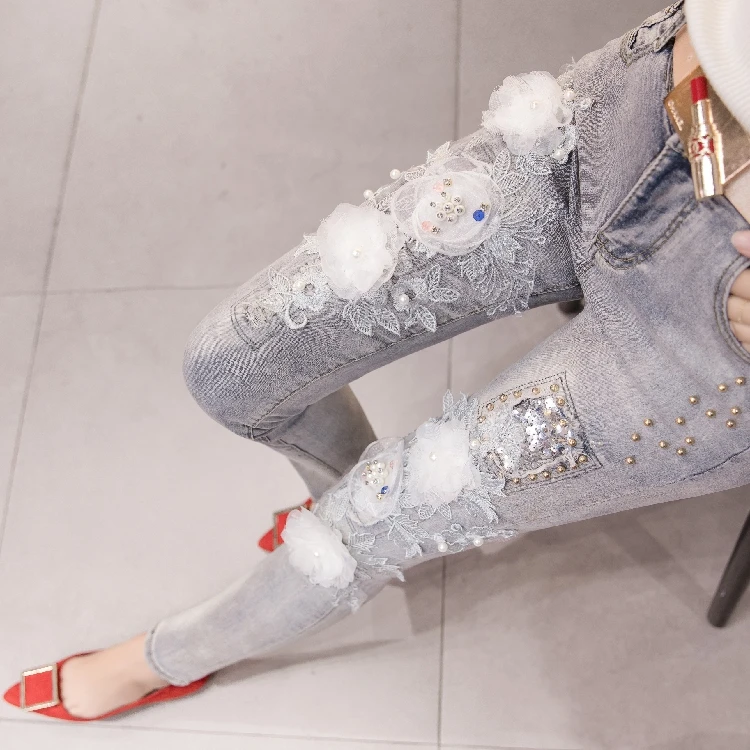 Бисер цветок Зауженные джинсы для Для женщин обтягивающие блестками Джинсы женские Джинсовая ткань приталенные Стрейчевые штаны Для