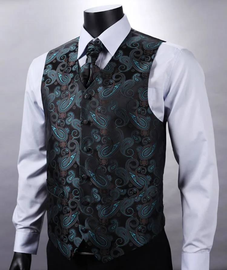 VE11 зеленый черный Пейсли Топ Дизайн Свадебные Мужские шелковый жилет карманные Квадратные запонки набор галстуков для костюма смокинг