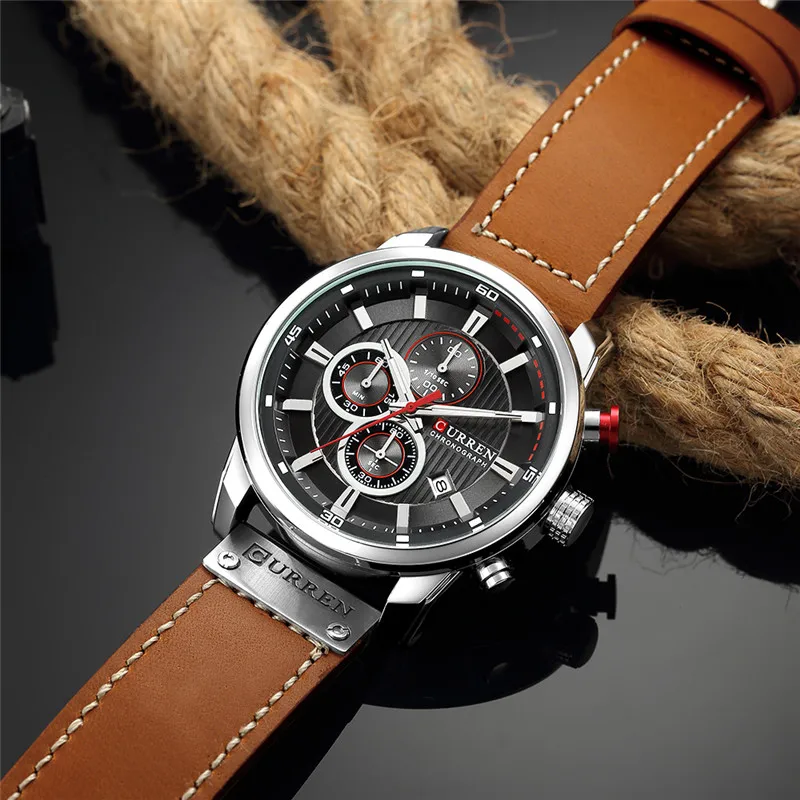 Curren Мужские спортивные наручные часы лучший бренд Роскошный хронограф мужские военные армейские часы из натуральной кожи, для мужчин часы Relogio Masculino 8291