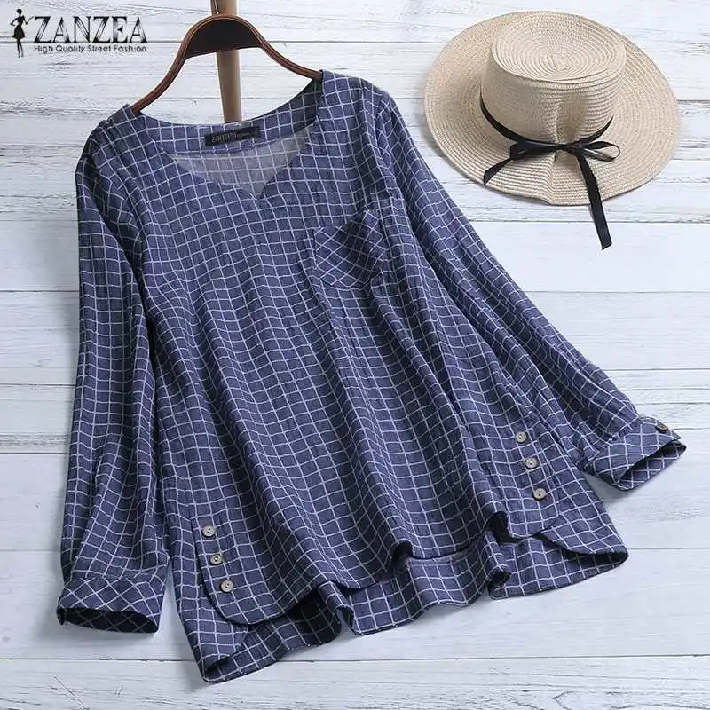 

ZANZEA 2019 Tunic Tops Check Tops Women's Asymmetrical Blouse Plus Size Fashion Casual Long Sleeve Shirts Female Button Blusas