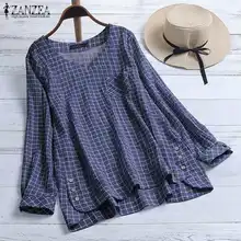 ZANZEA 2021 Tunika Tops Überprüfen Tops frauen Asymmetrische Bluse Plus Größe Mode Casual Langarm Shirts Weibliche Taste Blusas