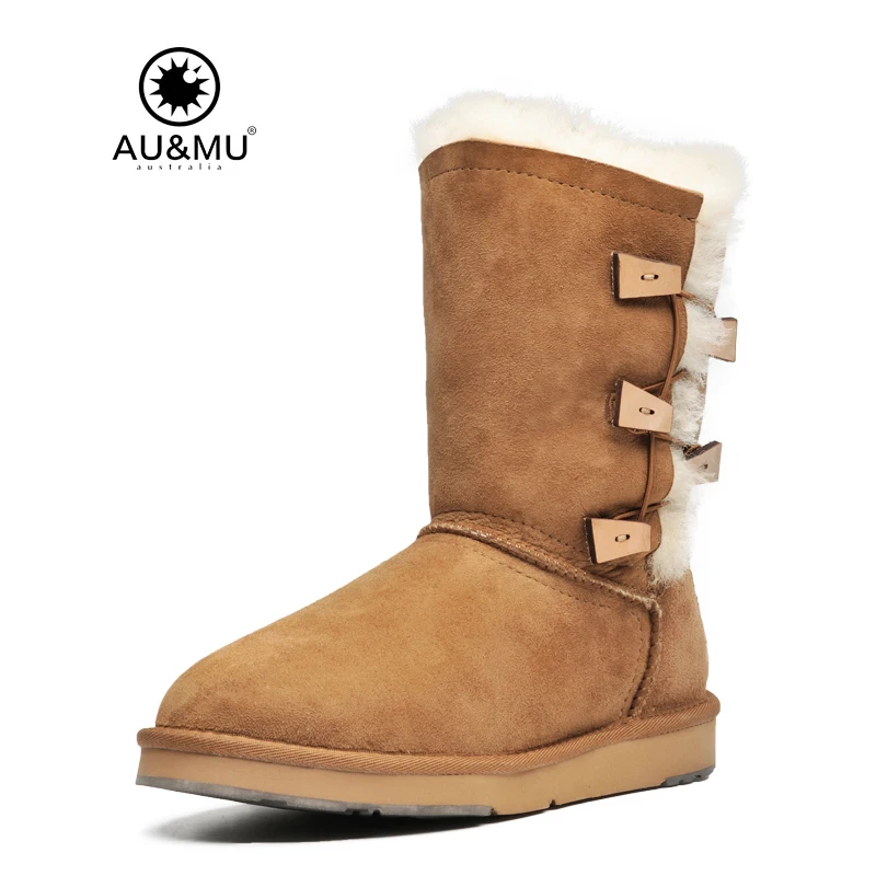 2018 AUMU Australia Fur Flat Round Toe Rubber Soles Button Winter Snow Boots N387 | Обувь