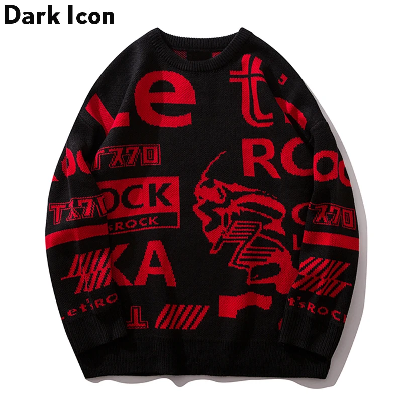 Dark Icon Letter Round Neck Hip Hop Sweater Men Autumn Winter Pullover Men’s Sweaters Loose Sweater Men