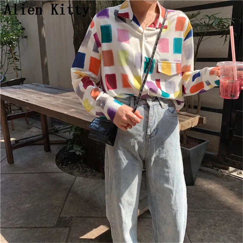

Alien Kitty Korea New Design Sweet Colorful Plaid Fresh Elegant Casual Women Summer Loose All-Match Long Sleeves Sunscreen Shirt