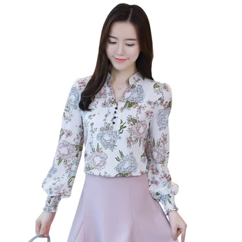 

Autumn Floral Blouse Fashion Long-sleeved Women Chiffon Printing Standing Collar Casual Thin Slim Chiffon Shirt Top
