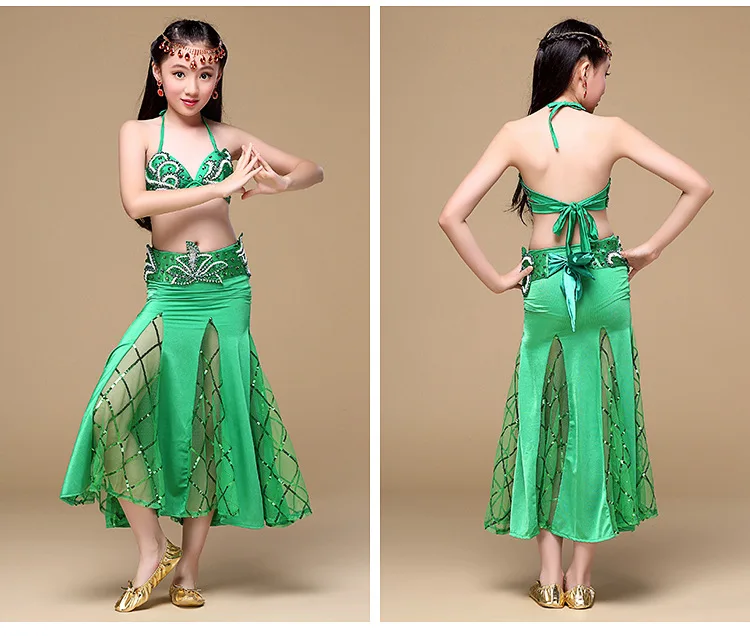 

Kids Belly Dance Costume Set Performing Dancewear Indian Bollywood Bellydance Clothing For Children Top + Ceinture Belt + Skirt