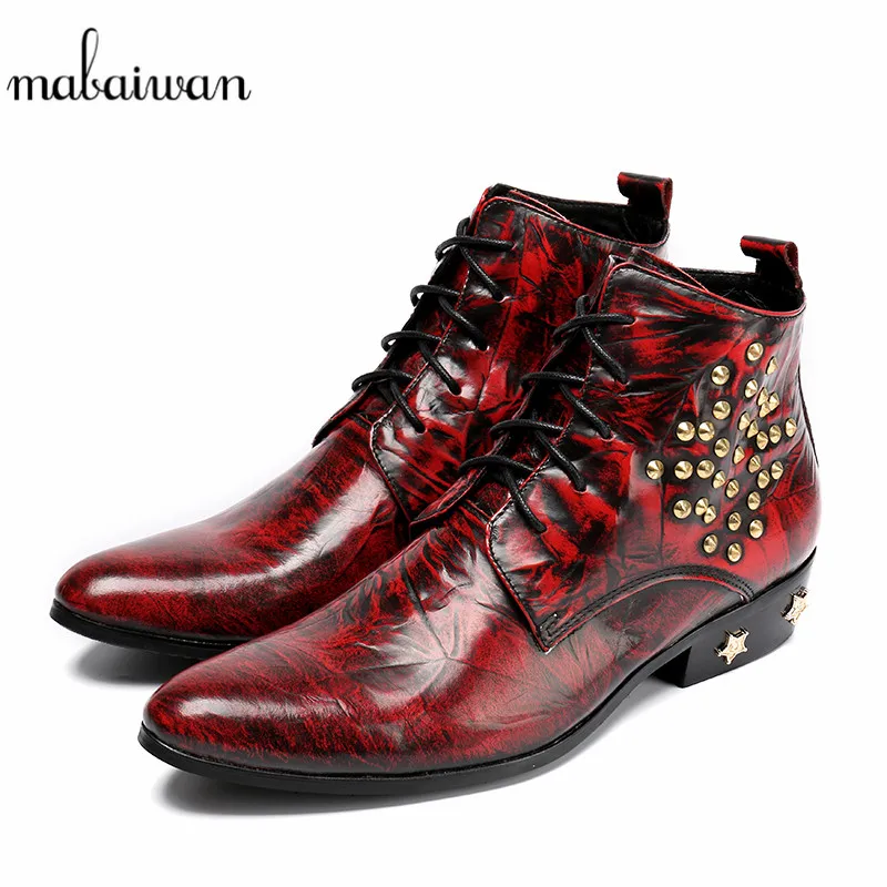 Mabaiwan Leather Red Men Shoes Martin Winter Autumn Ankle Boots Star Heel Slipper Lace Up Shoes Men's Flat Military Cowboy Boots Mabaiwan Leather Red Men Shoes Martin Winter Autumn Ankle Boots Star Heel Slipper Lace Up Shoes Men's Flat Military Cowboy Boots