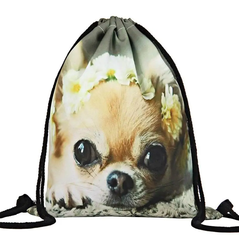 

New Arrival 3D Printing With Garland Chihuahua Pattern Storage Drawstring Bag Backpack Student's Backpack Hot Selling