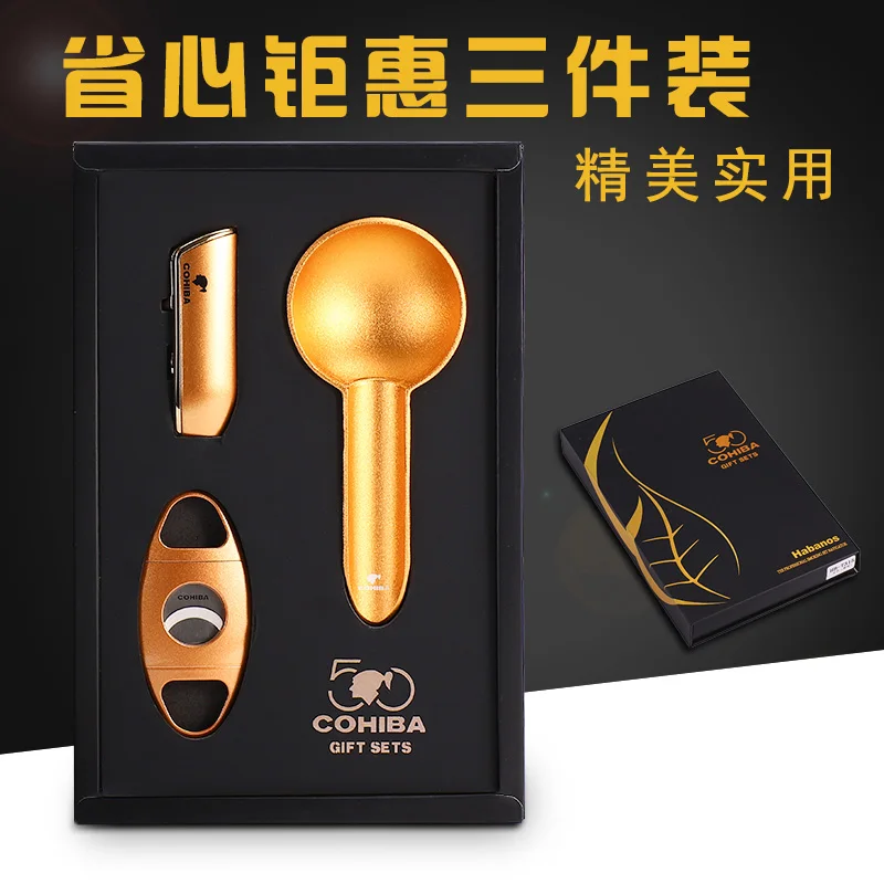 

COHIBA Golden Stainless Steel Sharp Cigar Cutter & Cigar Ashtray & Metal Windproof Flame Gas Cigarette Cigar Lighter Gift Box