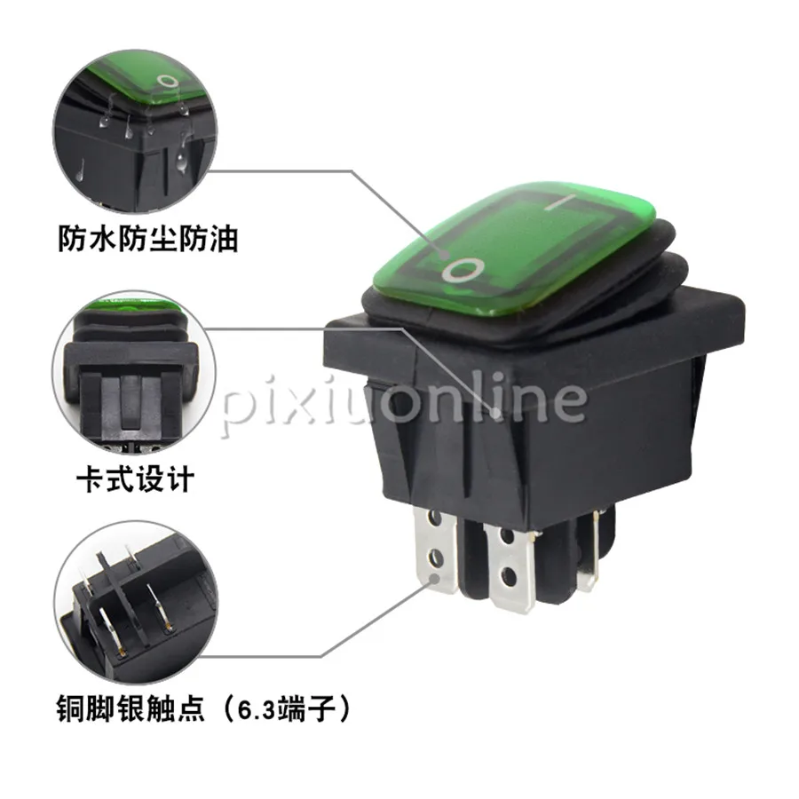 

Waterproof DS687b Green Color Rocker Switch 4pins 2shifts 250V 16A Middle East South Asia Sale at a Loss