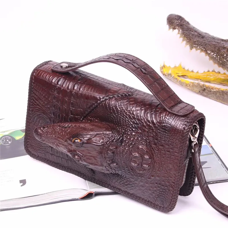 

Unique Genuine Crocodile Head Skin Zipper Closure Men's Clutch Purse Card Holder Real Alligator Leather Male Handy Wristlets Bag