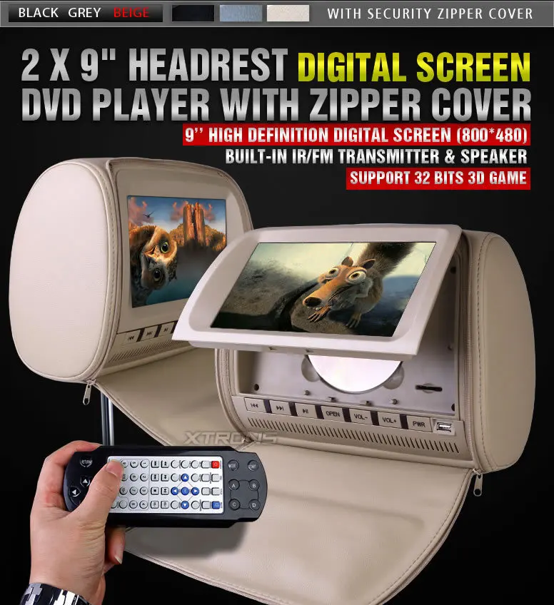 Sale 2x9" Beige Color (Black & Grey Optional) Headrest Car DVD Car Headrest Monitor with DVD Buit-in Speaker 4