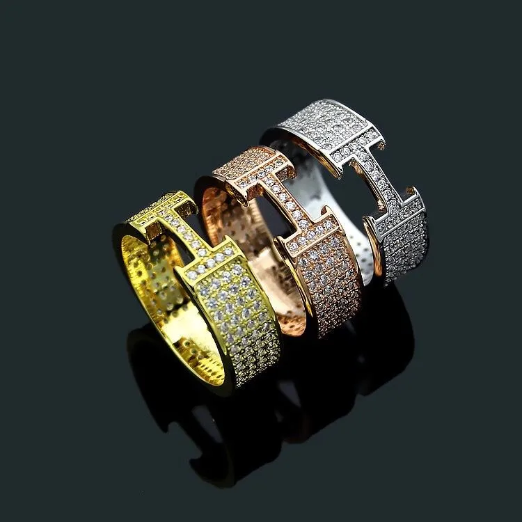 

Wholesale Shinning Stone Men Women Fashion Wedding Ring 316L Stainless Steel H Letter Luxury Brand Couple Love Finger Ring