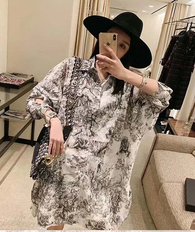 

2019 New Cotton Linen Forest Tiger Print Full Sleeve Button V-Neck Dress Women Free Shipping