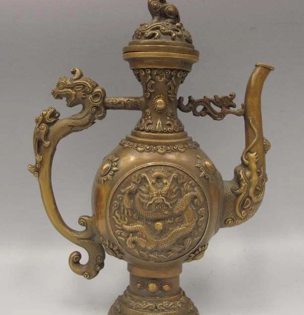 

9 Chinese Copper Bronze Foo Dog Lion Brave troops Dragon Flagon Kettle Teapot