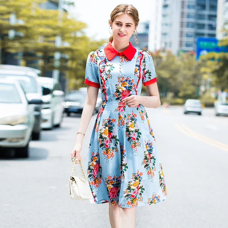 2018 Designer Fashion Floral Printed Summer Dress Europe Station Women