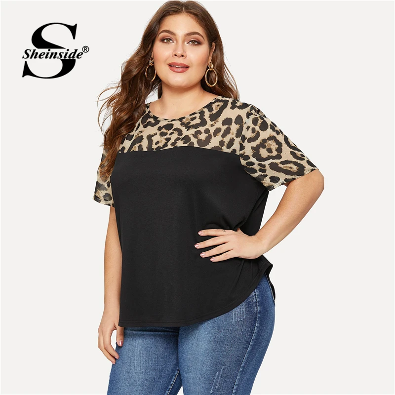 Sheinside زائد حجم تي شيرت المرأة ليوبارد نير قص وخياطة منحني تنحنح الصيف قمم 2019 أسود اللون كتلة عارضة كوع تي أنثى قميص