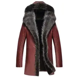 Для мужчин Женская Шуба Мода овчины куртка Для мужчин енота меховой воротник парка с капюшоном длинные пальто TJ29