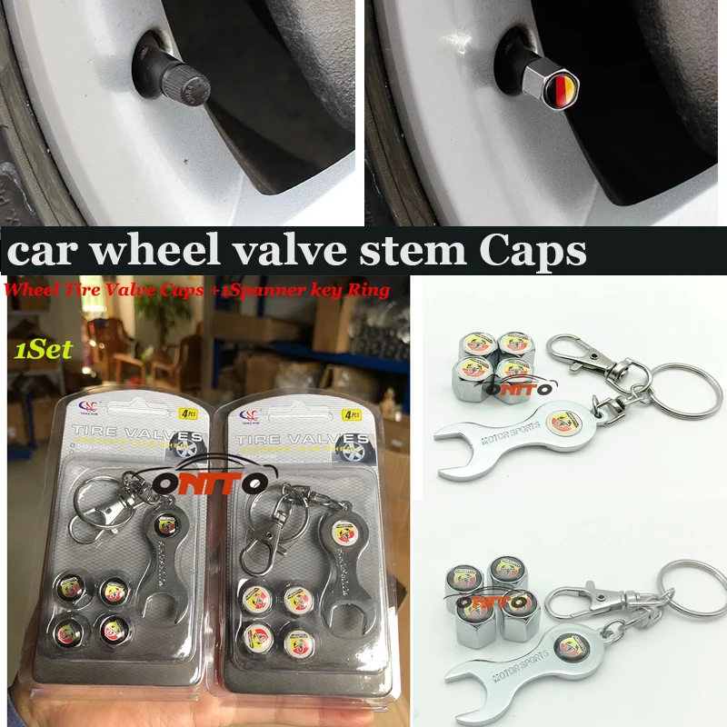 

1set For Fiat Abarth Car Styling Metal Caps Spanner key Ring Key Chains Motorcycle Valve Stem Cover Car Wheel Tire Valve Caps