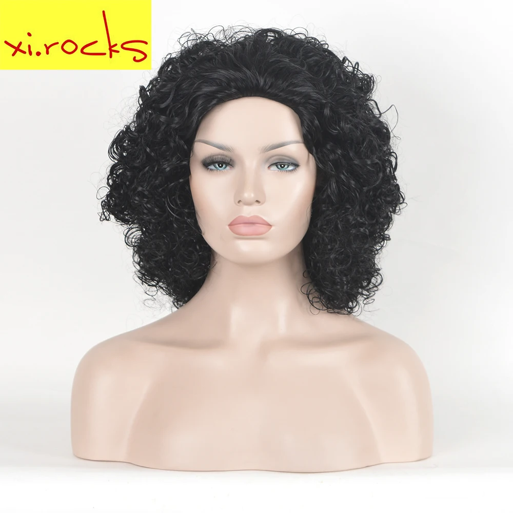 

3086 Xi.rocks Afro Medium Kinky Curly Black Wigs Fluffy Synthetic 16 inch For Black Women High Temperature Fiber Free Shipping