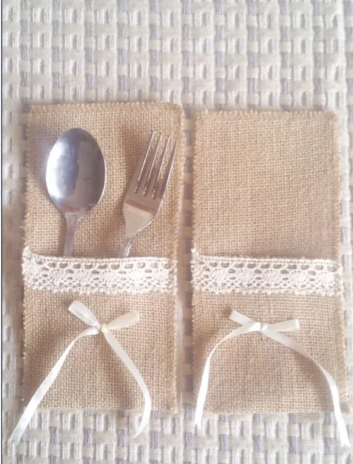 30pcs/lot rustic Wedding Burlap Ribbon Silverware Holder Pocket