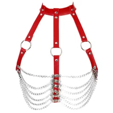 Красные кожаные комплект поводков бондаж для связывания бюстгальтер сексуальные Harajuku Готический организм цепи белье вечерние танцевальный фестивальный рейв нижнее белье с подвязками