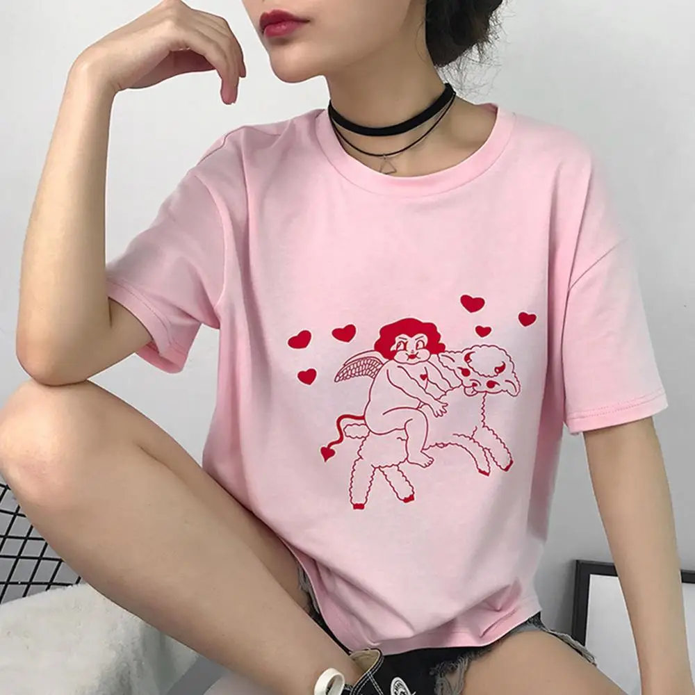 

Women Angel Printing Casual Fashion T-shirts letter Short Sleeve O-Neck Pink Loose Female Tees Summer New 2019
