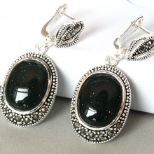 Мода 925 серебро натуральный нефритовый песок камень марказит серьги 11/2"