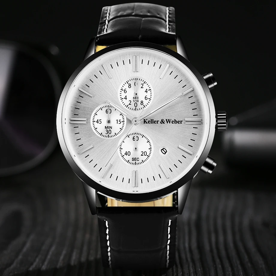 Keller & Weber Mens Watches 30m Waterproof Quartz Business Watches Date Display Genuine Leather Band Relogio Masculino Best Gift (28)