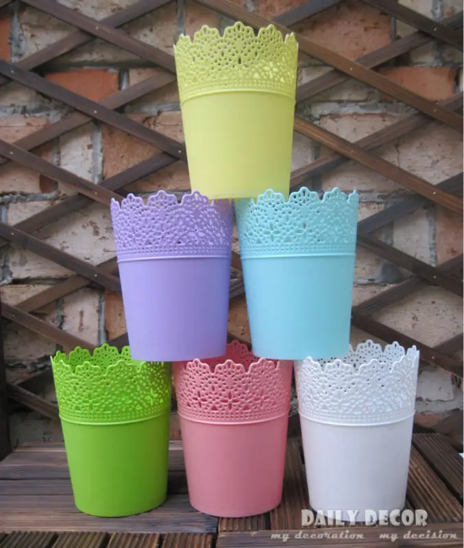 

6pcs/lot ! Nice openwork lace plastic flower pot with tray candy colors medium size flower pots vaso de floresmaceta