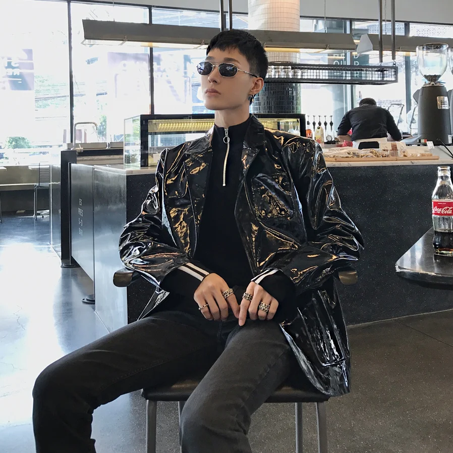 

2018 original singer's outfit XXS-XL Stylish vintage patent leather men's suit jacket