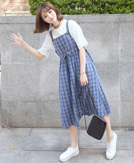 Mori Girl Plaid Checks Suspender Dress Long Mid-calf Length Casual Linen  Summer Cute Jumper Dress 2 Colors - Dresses - AliExpress